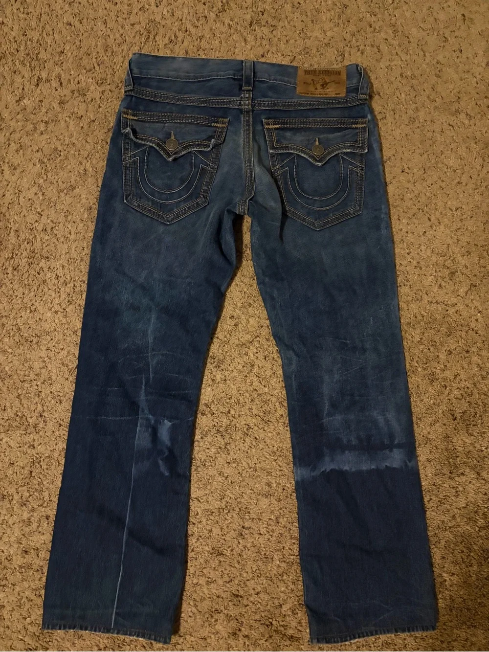 True Religion Men's Dark Blue Straight Leg Jeans with Signature Back Pockets